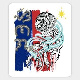 Philippine Flag-Tribal line Art Jellyfish / Baybayin word Sinag (Flash of light) Magnet